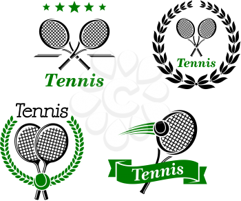 Tennis icons,emblems  or badges with crossed or single rackets, two in circular wreaths with various text in black and green, vector illustration on white