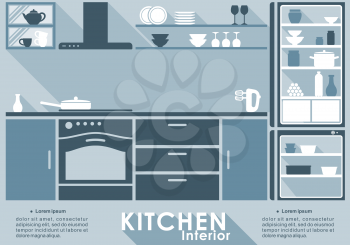 Kitchen interior in flat style for infographic template with a fitted kitchen with built in appliances and cabinets and kitchen utensils and crockery on shelves, vector illustration with space for tex