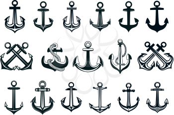 Heraldic set of ships anchor icons in black and white with assorted shapes, some with ropes and some pairs crossed for marine themes, vector illustration on white