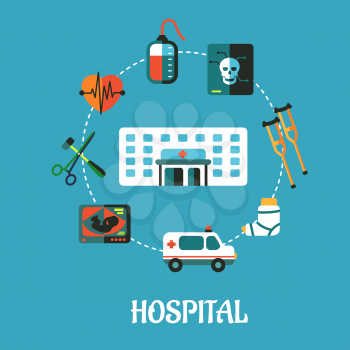 Hospital flat inforgraphic design or poster with a hospital building surrounded by an ambulance, x-ray, surgical instruments, cardograph, blood transfusion, skull, crutches and plaster caste