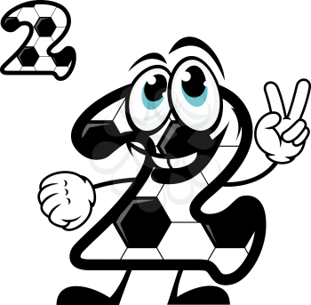 Cute number 2 cartoon character with a black and white hexagonal soccer pattern waving a v-sign at the camera with a happy smile, vector illustration on white