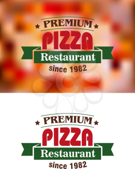 Premium Pizza Restaurant pizzeria signs with the text and a ribbon banner over a white and mottled background representing a pizza topping, vector illustration