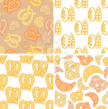 Set of seamless patterns of wheat and bakery products showing ears of wheat, pretzels and croissants, vector illustration in square format