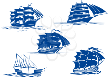 Ancient and medieval sailing ships in blue silhouette showing various tall ships with two or three masts, vector illustration