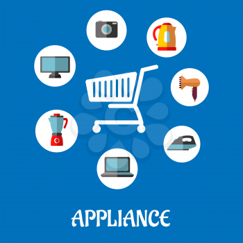 Flat household appliances icons with a vector silhouette of a shopping cart and a kettle, coffee percolator, television, camera, hairdryer, laptop and iron