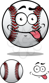 Cartoon baseball ball with a cheeky grin and protruding tongue with a second plain variant, vector illustration on white