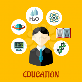 Education flat infographics template with a student surrounded by circular icons for genetics, DNA, atom, physics, water, sciences,  astronomy, computer for e-learning