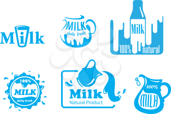 Blue and white vector Milk labels with various design in jugs, a glass and bottles with assorted text guaranteeing 100 percent natural and fresh