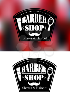 Barber Shop signs in vector with the text in a curved frame decorated with shaving cream, a moustache and mirror, two variants one on white and the other a mottled background