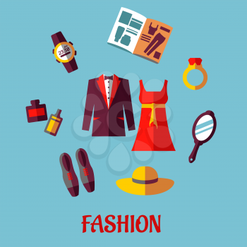 Colorful flat fashion icons on a poster with scattered male and female clothing, accessories, shoes, hat, jewellery, catalogue and mirror