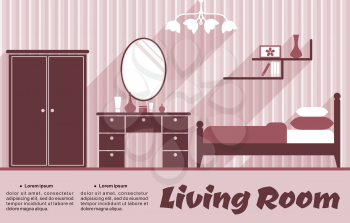 Living room flat interior in pink and red colours for infographic or apartment design