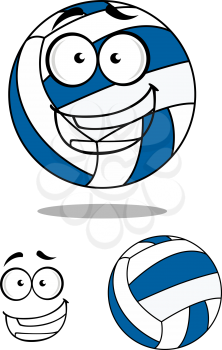 Happy blue and white cartoon volley ball, one with a smiling face and one without, vector illustration isolated on white