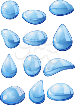 Colorful blue water droplets in different shapes with glistening reflective surfaces isolated on white background
