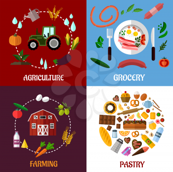 Creative food products concept flat infographics design with  agriculture, farm, grocery and pastry products