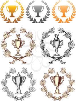 Championship cup trophies with laurel wreath. Golden, silver and bronze colors