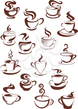 Steaming coffee cups set with capuccino, espresso, mocha, latte, americano and macchiato isolated on white background