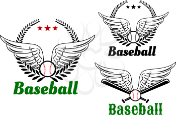 Baseball emblems with angel wings, ball, laurel wreath and crossed bats for sports design