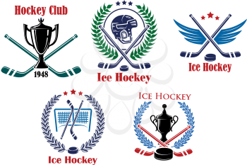Ice hockey heraldic emblems and badges with wreath, cup, crossed sticks, helmet, wings and puck elements