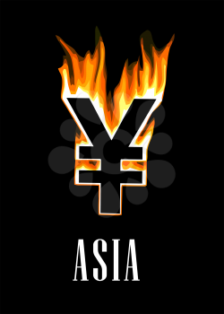 Flaming yen currency symbol on black background for crisis concept