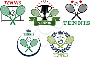 Tennis sport symbols and emblems with crossed rackets, balls, crowns, court and laurel wreath