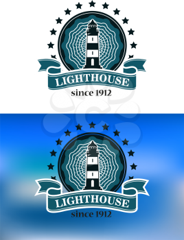 Nautical or marine themed badge or emblem with a lighthouse enclosed in a round frame with stars and a ribbon banner on a blue or white background