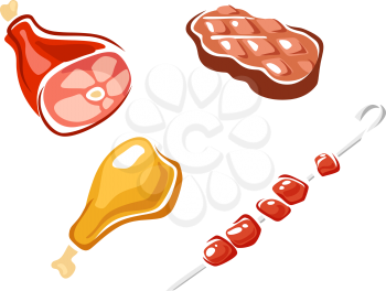 Cartoon meat icons and sketches with a roast leg, chicken leg, steak and kebab, vector illustration
