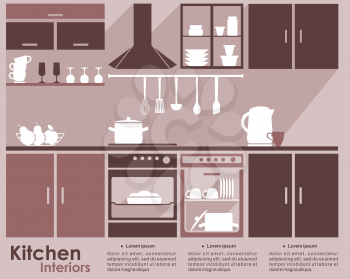 Kitchen interior design infographic template in shades of brown and beige showing a fitted kitchen with built in electrical appliances, cabinets and kitchenware on the shelves, space for text