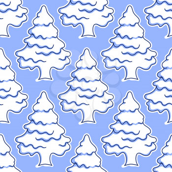 Seamless pattern of snowy covered evergreen fir or pine trees on a cool blue winter background for Christmas wrapping paper, fabric or wallpaper