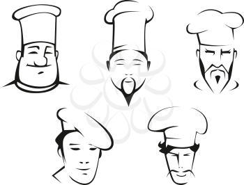 Black and white sketches of chefs heads in traditional white toquesfor restaurant, culinary and cooking design