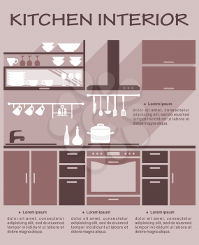 Flat kitchen interior design template for an infographic showing a fitted kitchen with appliances, utensils, kitchenware and cabinets with space for text, vector illustration