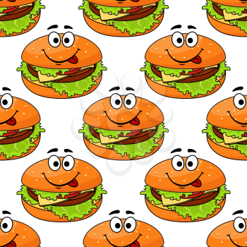 Cartoon cheeseburger seamless pattern with a colored happy smiling burger in square format, vector illustration