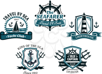 Nautival various heraldic emblem and symbols designs with travel by sea, yacht club, seafarer, lighhouse, king of the sea and old captain badge elements