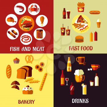 Assorted flat food icons with seafood, meat, beverages, bakery and fast food elements