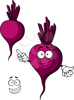 Cartooned violet beet vegetable with happy face and hands isolated on white background