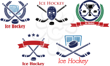 Ice Hockey heraldic emblems and symbols with hockey stick, puck, goalkeeper mask, trophy cup, laurel wreath, ribbons for sports or tournament design