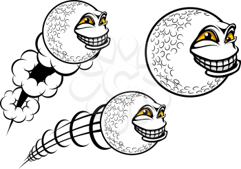 Golf balls with smiling face and motion trail in cartoon style for sport mascot