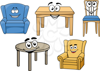 Cartooned table and chair furniture set with smiling faces, isolated on white background