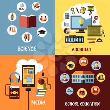 Educational concept designs in flat style with architect, science, school, web education and media icons or elements