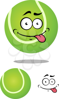 Green cartoon tennis ball with smiling face and tongue out on white background for sports mascot design