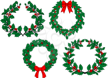 Christmas traditional holly wreaths set with red berries, ribbon bows isolated on white background for holiday decoration design