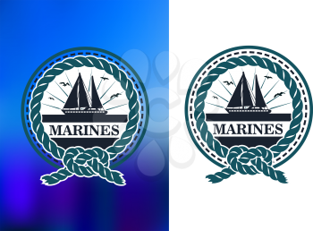 Yachting nautical emblem or logo for sport club or regatta tournament design with yacht or sailboat on horizon in sunlight enclosed in a circular rope border
