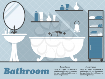 Bathroom interior in flat style  with bath, mirror, wash basin, shelf and accessories with long shadow in blue and white colors for infographics design