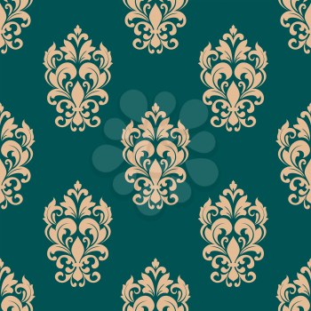 Floral seamless pattern design in victorian style for luxury wallpaper or textile with beige flowers on green background