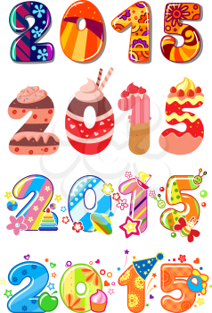 Colorful funny kids themed numbers 2015 with cakes, creams, flowers and toys for children parties and mathematics lessons