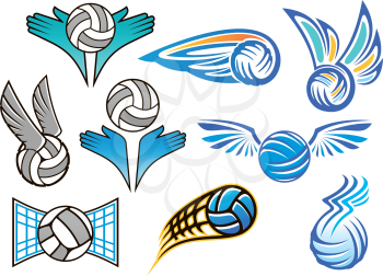 Sporting volleyball emblems and designs with angel wings, people hands and flying volleyball balls