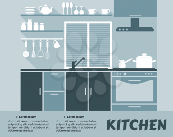 Flat blue  kitchen interior design with shelves, cupboards, oven, extractor hood and kitchenware