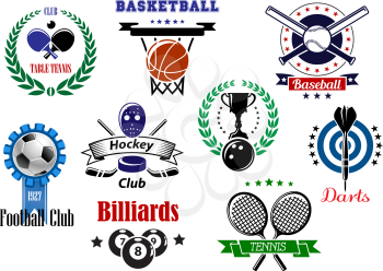 Heraldic sports emblems, symbols and design with darts, baseball, billiards, bowling, basketball, soccer, tennis, ice hockey, table tennis with equipments, laurel wreaths, stars and ribbon banners