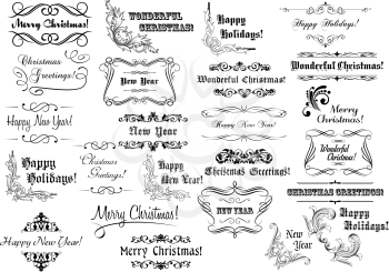 Christmas and New Year calligraphic design elements, headers and page decorations with congratulations and ornate floral borders and corners set