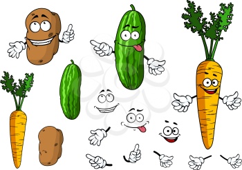 Funny colorful cartoon cucumber, carrot and potato character with funny faces for health food, nutrition or another design isolated on white background
