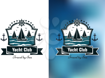 Dark blue emblems or logo of yacht club with sailboat floating on the wave sea enclosed a figured frame with stars, anchors, ribbon banner and steering wheel